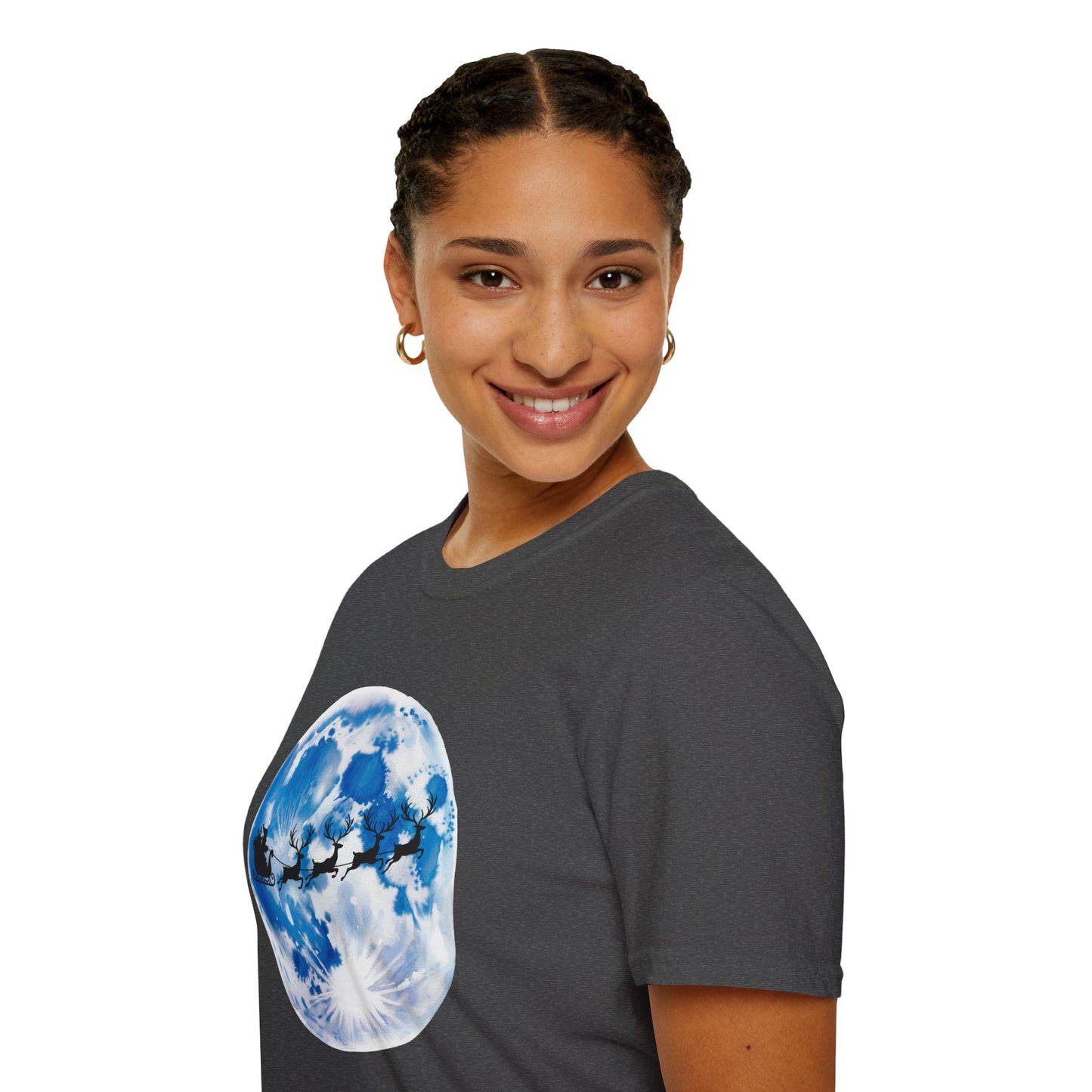 Santa Moon Christmas T-Shirt, Reindeer Sleigh Christmas Tee, Holiday Moonlight Xmas Shirt, Festive Christmas Graphic Tee, Winter Night Christmas Gift Tee