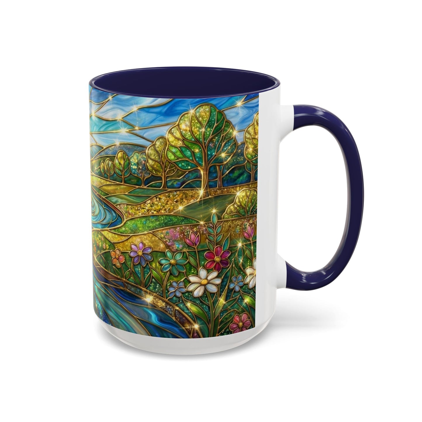 Stained Glass Mug, River Landscape Coffee Cup, Nature Lover Gift, Floral Tea Mug, Gardener Present, Art Teacher Gift, Colorful Scenery Cup