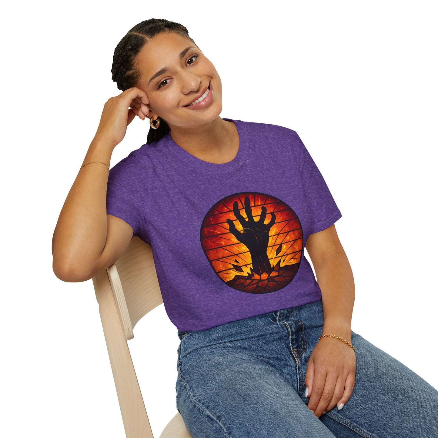 Zombie Hand Sunset T-Shirt – Stained Glass Horror Shirt, Halloween Gothic Tee, Undead Rising Art Tee, Creepy Spooky Shirt for Fall