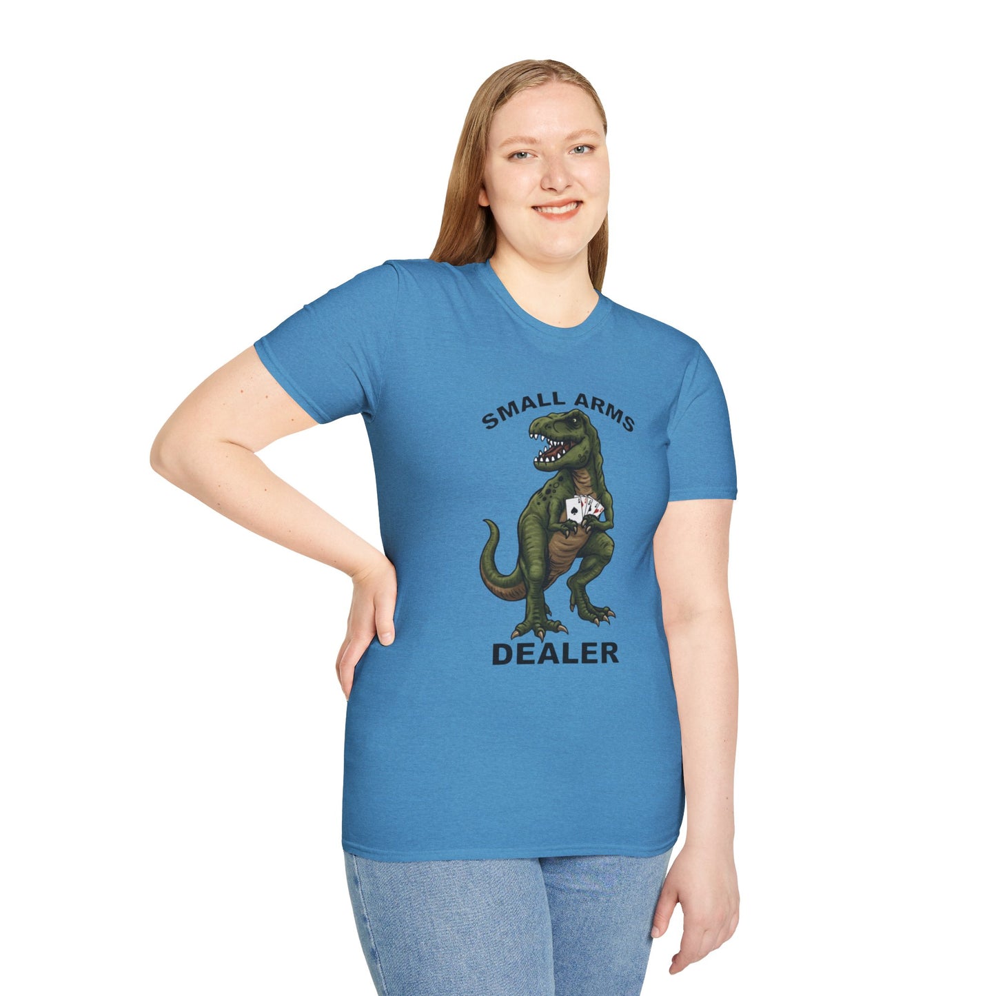 Funny Small Arms Dealer T-Rex Shirt, Dinosaur Pun Tee, Hilarious Graphic T-Shirt for Men & Women, Great Gift for Dad, Friend, or Coworker