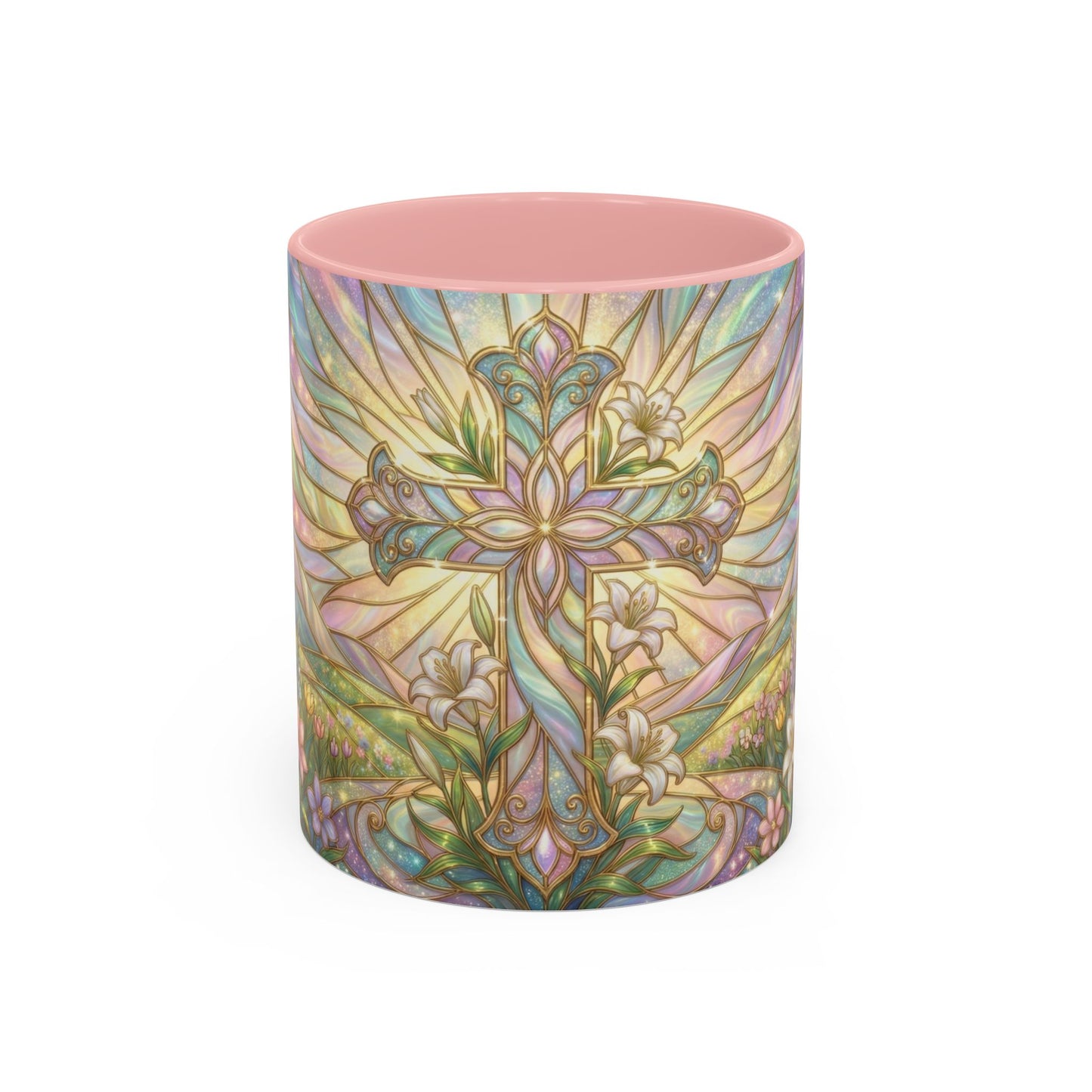 Stained Glass Cross Mug, Easter Lily Coffee Cup, Christian Religious Gift, Pastel Floral Faith Mug, Spring Believer Cup, Baptism Present