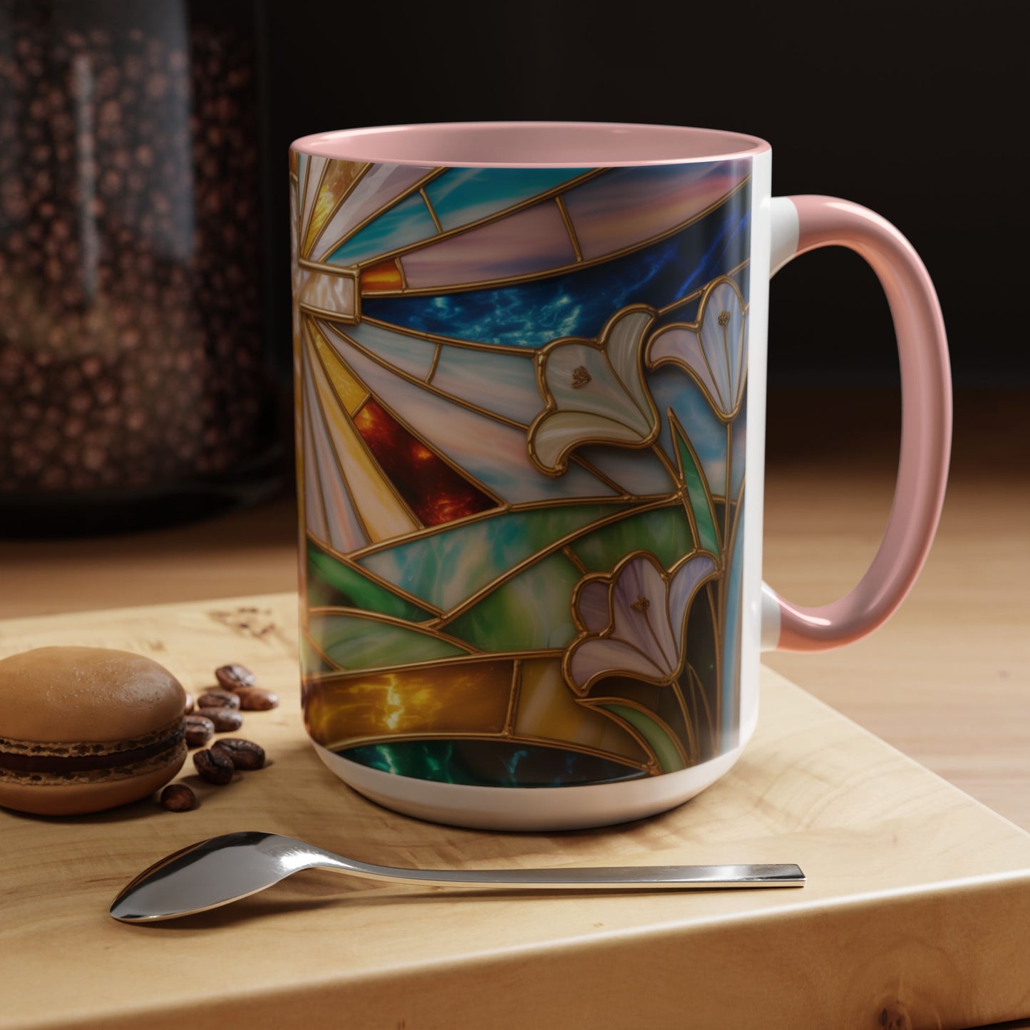 Stained Glass Cross Mug, Christian Coffee Cup, Faith Gift Mug, Religious Art Mug, Floral Church Mug, Inspirational Faith Cup, Easter Gift