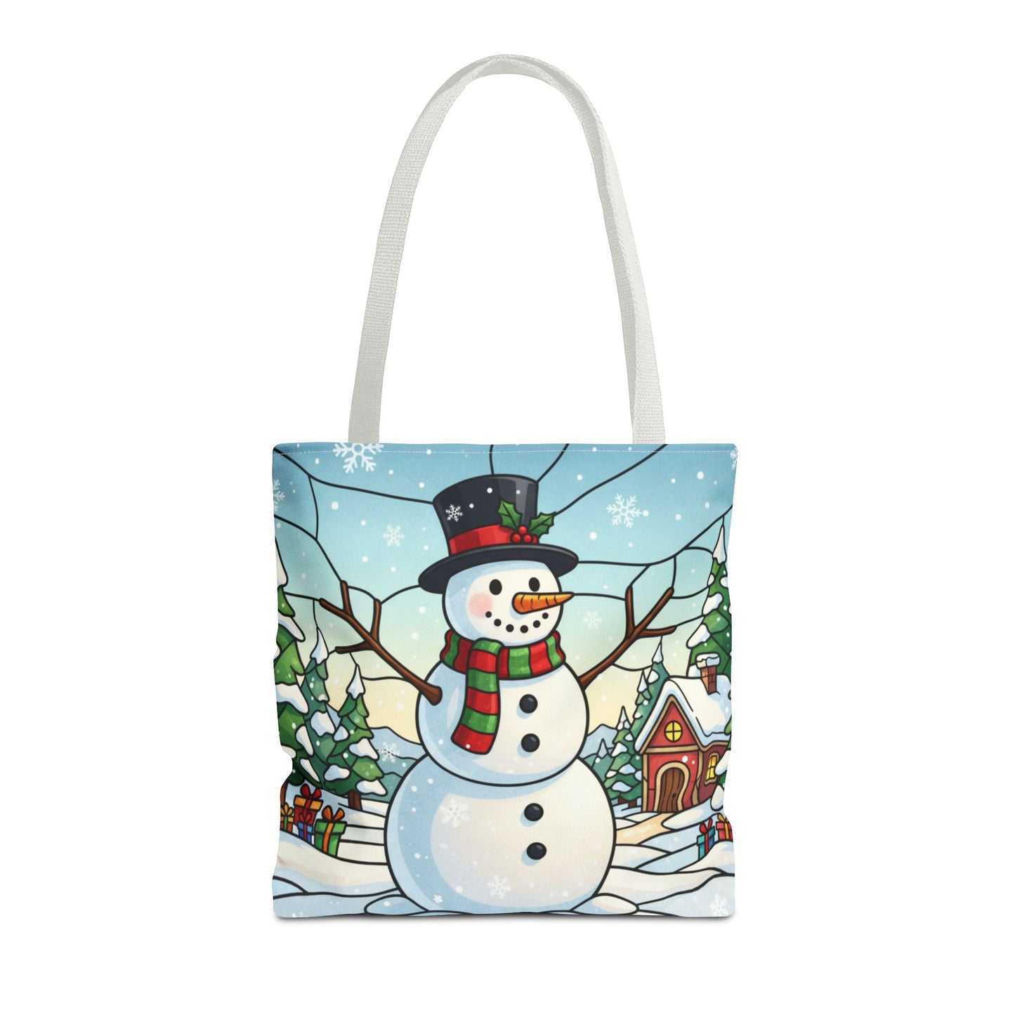 Stained Glass Snowman Christmas Tote Bag, Holiday Art Tote, Festive Winter Gift Bag, Colorful Christmas Scene Reusable Shopping Bag