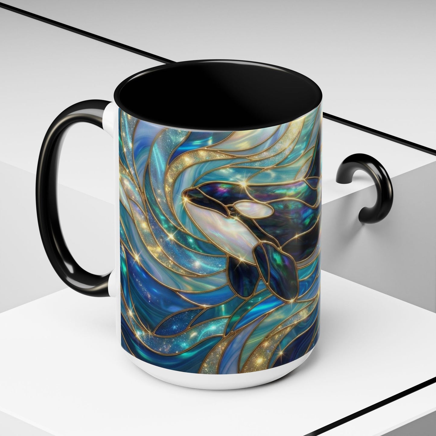 Orca Coffee Mug, Killer Whale Mug, Stained Glass Orca Art Mug, Ocean Animal Coffee Cup, Marine Life Gift, 11oz 15oz Ceramic Mug