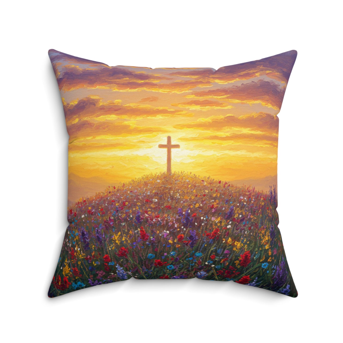 Square Pillow - Monet Style Cross on Hill Painting Christian Pillow Religious Decor Faith Based Throw Gift for Believers