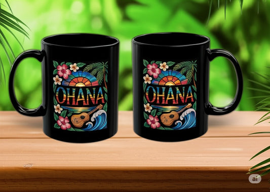 Ohana Mug Hawaiian Coffee Cup Tropical Sunset, Hibiscus Flowers, Ukulele, Aloha Gift