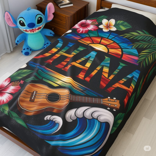 Hawaiian Ohana Blanket - Tropical Ukulele Sunset Throw with Hibiscus Flowers, Beach Waves - Cozy Island Vibes Bed Cover Gift