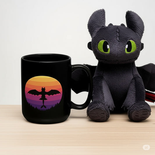 Dragon Mug, Fantasy Coffee Mug, Black Gothic Mug, Retro Sunset Dragon Gift, Gamer Mug, DnD Mug, Gift for Dragon Lover, Coffee Cup