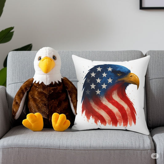 Patriotic Eagle Pillow - 100% Spun Polyester, Double-Sided, Cover and Insert, Hidden Zipper, Red White Blue, Fourth of July and Year-Round Decor