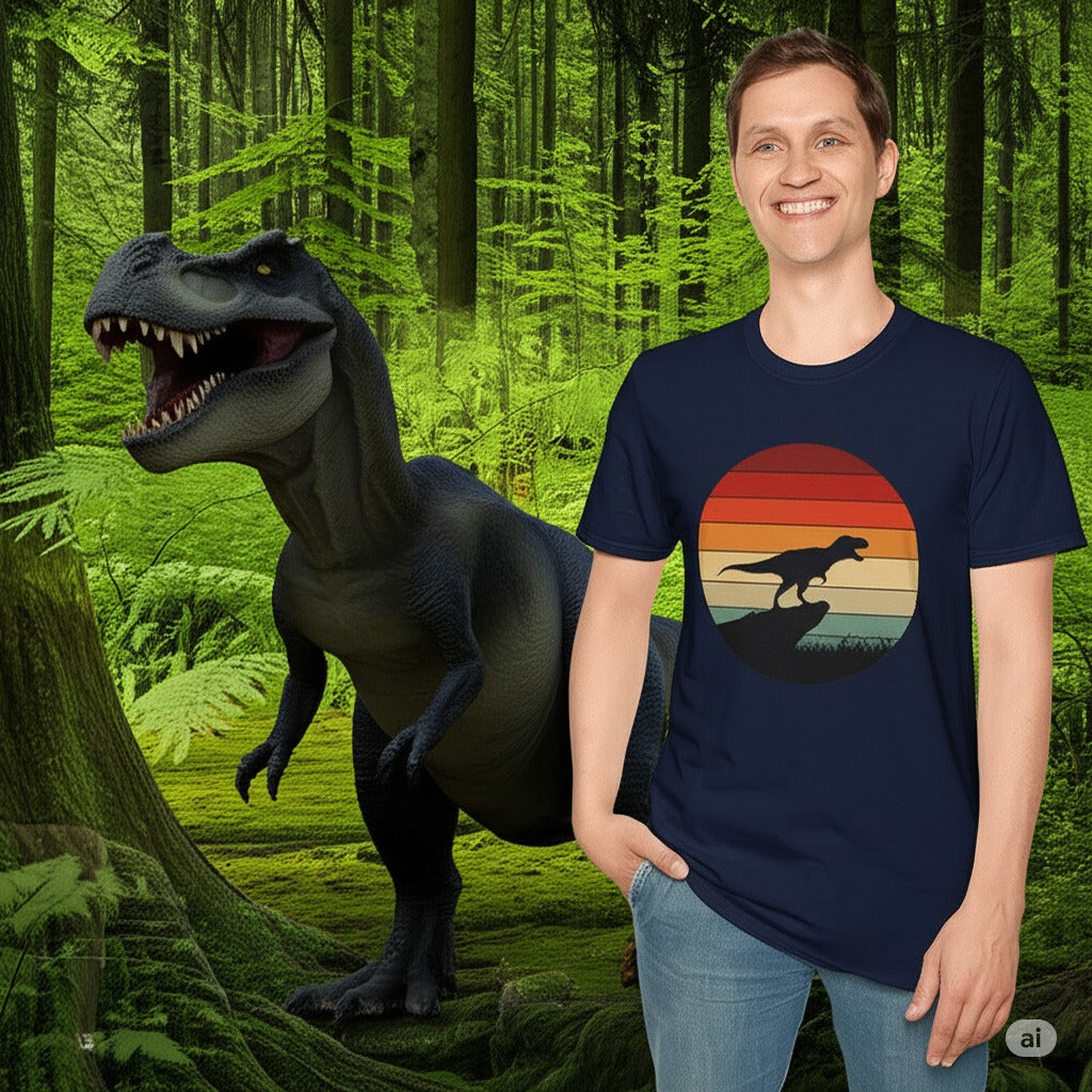 Retro T-Rex Dinosaur Shirt for Men Women - Vintage Sunset Graphic Tee - Unisex Jurassic Gift Idea Funny Casual Dino T-Shirt