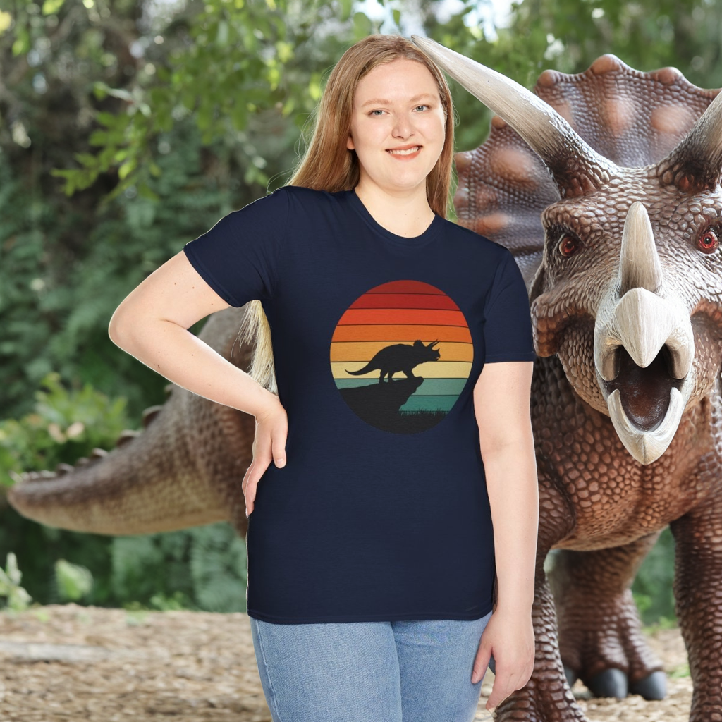 Retro Triceratops Sunset T-Shirt - Vintage Dino Graphic Tee - Unisex Softstyle Dinosaur Shirt - Nature and Prehistoric Lover Gift
