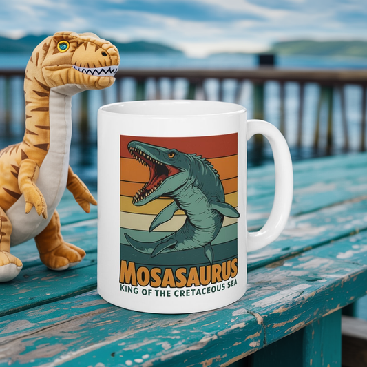 Retro Mosasaurus Mug - Ocean Beast Ceramic Coffee Cup 11oz/15oz | Jurassic Sea Monster Gift for Dinosaur Lovers Marine Mug