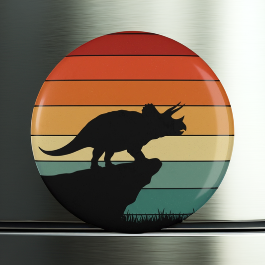 Retro Triceratops Sunset Magnet | Vintage Dinosaur Fridge Magnet • 2.25 Inch Ocean Sunset Decor for Dino Lover Gift Jurassic Magnet