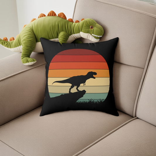 Retro T-Rex Sunset Throw Pillow | Vintage Dinosaur Couch Cushion - Jurassic Home Accent for Dino Lovers and Kids Room Decor