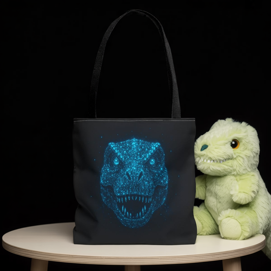 Bioluminescent Dino Tote Bag | Retro T-Rex Galaxy Canvas Shopper - Eco AOP Tote, Ocean Glow Dinosaur Art, Gift for Paleontology Fans