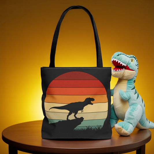 Retro Dinosaur Sunset Tote Bag | AOP Canvas Shopper - Eco Beach Bag for Dino Lovers and Kids, All-Over Print Summer Travel Gift