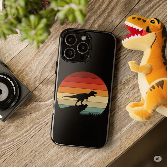 Retro Sunset Dinosaur iPhone Case | T‑Rex Silhouette Vintage Phone Cover for iPhone 14/15/16 Pro | Aesthetic Dinosaur Gift