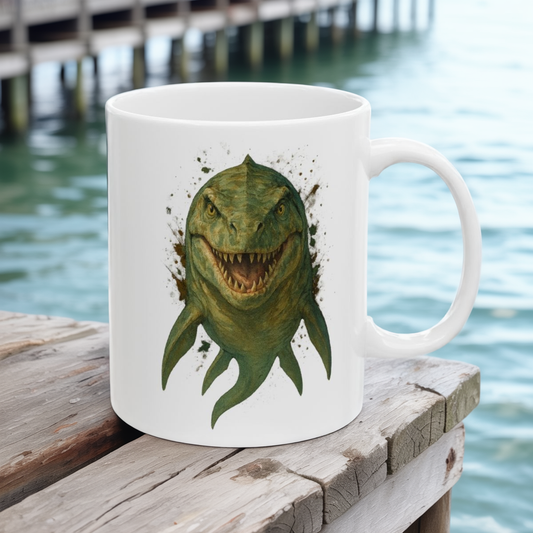 Mosasaurus Ceramic Mug - Dinosaur Coffee Cup | Prehistoric Tidal Beast Gift for Paleontology Fans | 11oz/15oz Dishwasher Safe Jurassic Cup