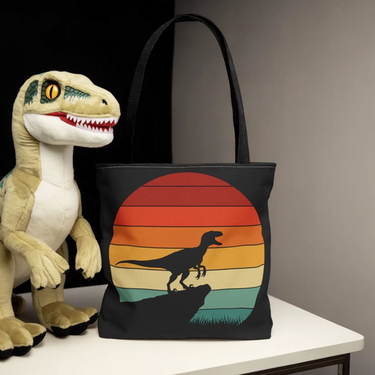 Retro Dino Sunset Tote Bag - Eco Canvas Dinosaur Beach Bag | Sustainable and Stylish Camping, Dino Lover Gift, Reusable Market Tote