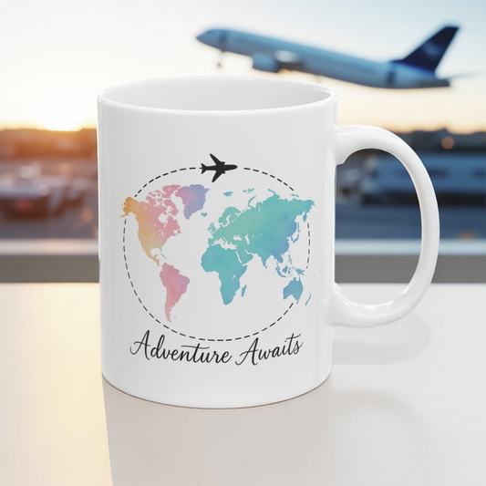 Adventure Awaits Watercolor World Map Mug - Travel Coffee Cup, Wanderlust Gift, 11oz and 15oz Ceramic, Airplane Decor, Gift for Explorer