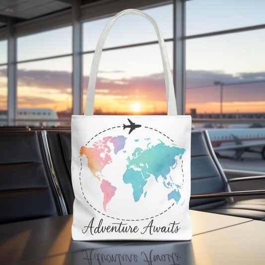 Adventure Awaits Watercolor World Map Tote Bag | Travel Canvas Tote | Wanderlust Gift, Beach, Camping, Airport Carryall, Eco-Friendly