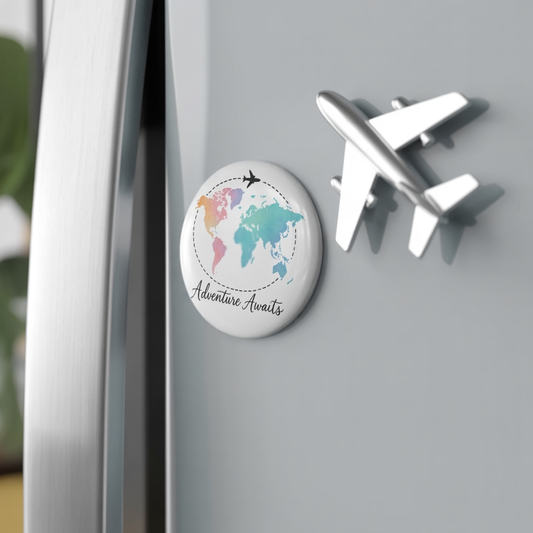 Adventure Awaits Magnet – Watercolor World Map Magnet Gift for Traveler, Wanderlust Fridge Decor, Travel Lover Airplane Magnet