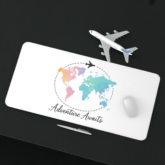 Adventure Awaits Watercolor World Map Desk Mat Travel-Inspired Oversized Mousepad - Home Office Decor Gift for Travelers and Remote Workers
