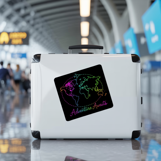 Adventure Awaits Neon Travel Sticker - Y2K Rainbow World Map Vinyl Decal for Luggage, Laptop and Water Bottle - Wanderlust Aesthetic