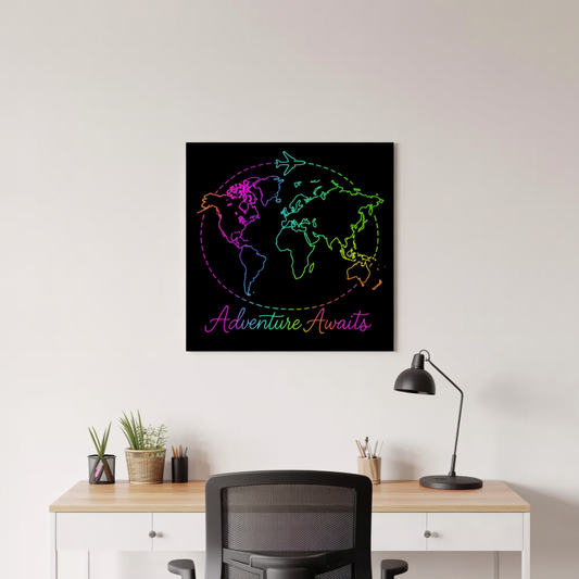 Adventure Awaits Neon Poster - Y2K Rainbow World Map and Plane Wall Art - Travel Aesthetic Decor for Office, Dorm, Bedroom + Gift