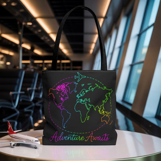 Adventure Awaits Neon Tote Bag - Y2K Rainbow World Map and Plane Travel Tote, Reusable Canvas Tote for Airport, Beach, Market + Gift