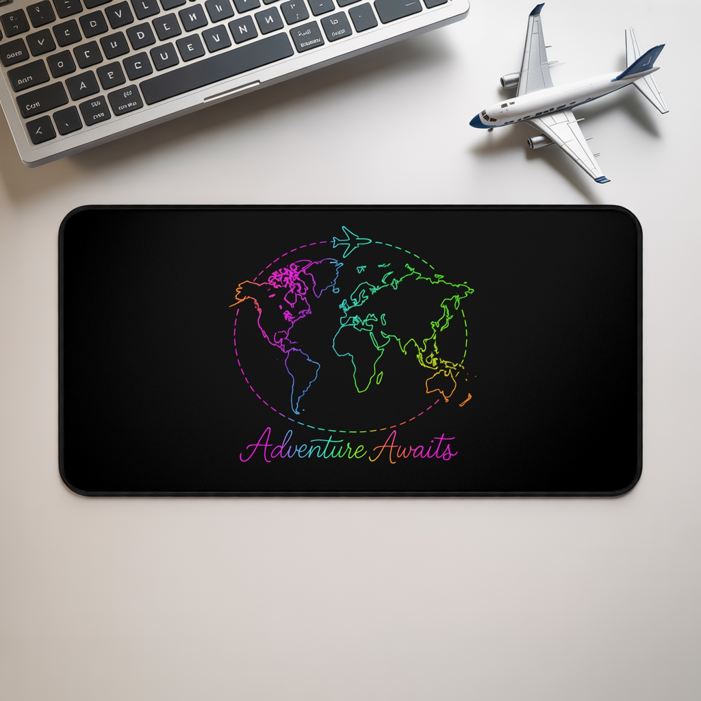 Adventure Awaits Neon Desk Mat - Y2K Rainbow World Map and Airplane XL Mouse Pad for Travel Aesthetic Office, Gaming & Study Desk