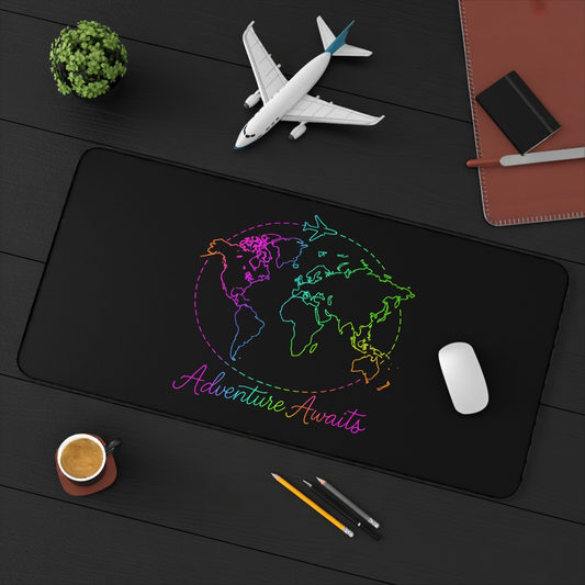 Adventure Awaits Neon Desk Mat - Y2K Rainbow World Map and Airplane XL Mouse Pad for Travel Aesthetic Office, Gaming & Study Desk
