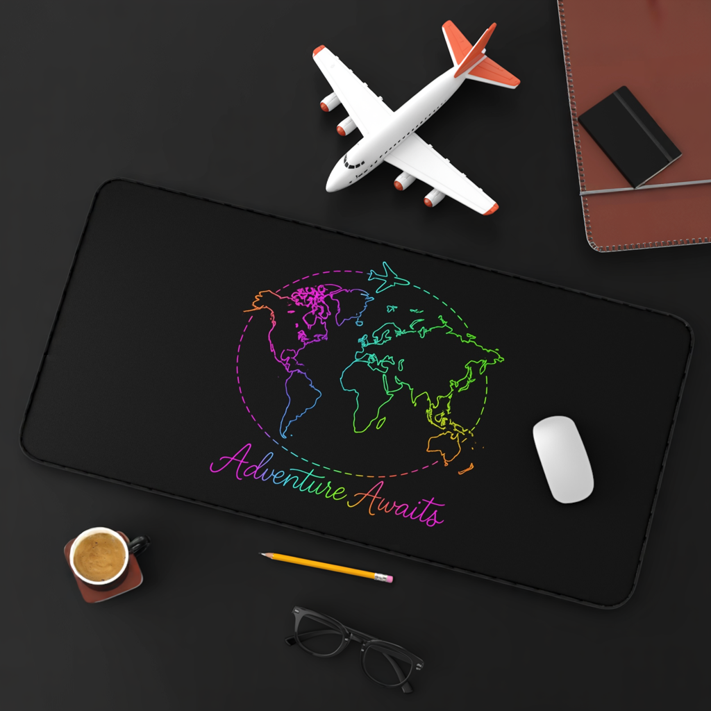 Adventure Awaits Neon Desk Mat - Y2K Rainbow World Map and Airplane XL Mouse Pad for Travel Aesthetic Office, Gaming & Study Desk