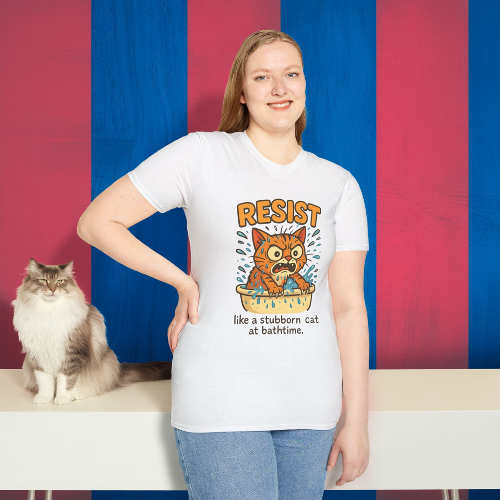 Resist Like A Stubborn Cat At Bathtime Funny Cat Lover Graphic Tee - Quirky Self Care Shirt - Gift For Pet Moms, Dads and Humor Fans