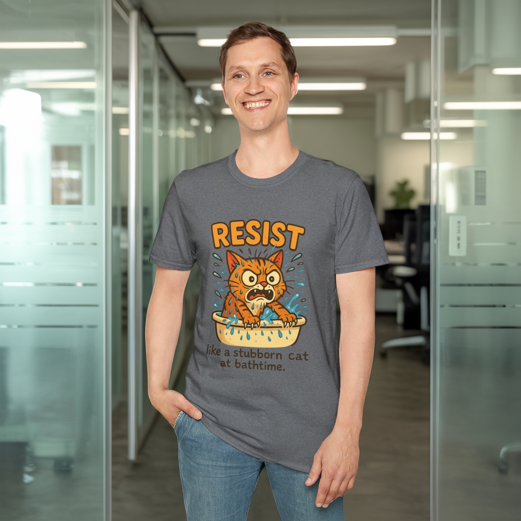 Resist Like A Stubborn Cat At Bathtime Funny Cat Lover Graphic Tee - Quirky Self Care Shirt - Gift For Pet Moms, Dads and Humor Fans