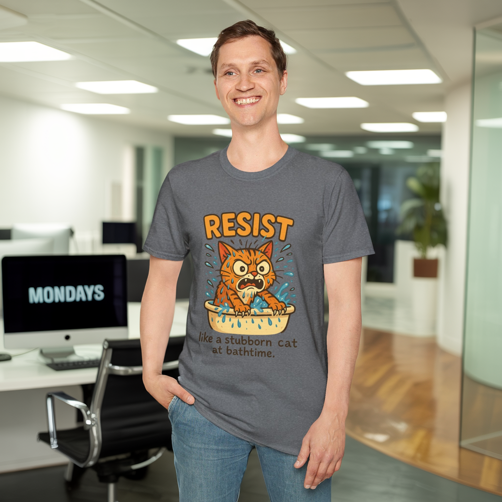 Resist Like A Stubborn Cat At Bathtime Funny Cat Lover Graphic Tee - Quirky Self Care Shirt - Gift For Pet Moms, Dads and Humor Fans
