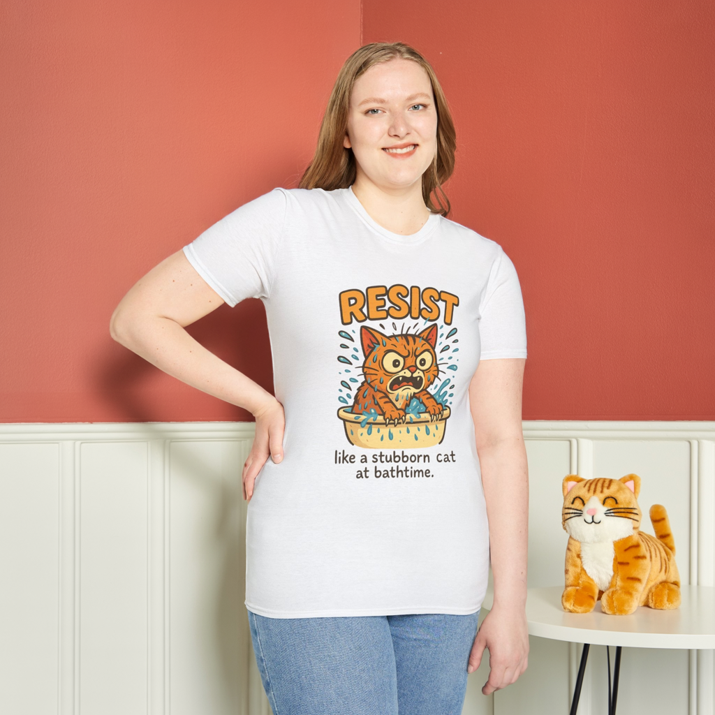 Resist Like A Stubborn Cat At Bathtime Funny Cat Lover Graphic Tee - Quirky Self Care Shirt - Gift For Pet Moms, Dads and Humor Fans