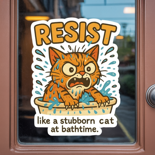 Resist Cat Sticker - Funny Bath Time Cat, Stubborn Cat Vinyl Decal, Kiss-Cut Cat Sticker for Laptop Water Bottle Journal Gifts