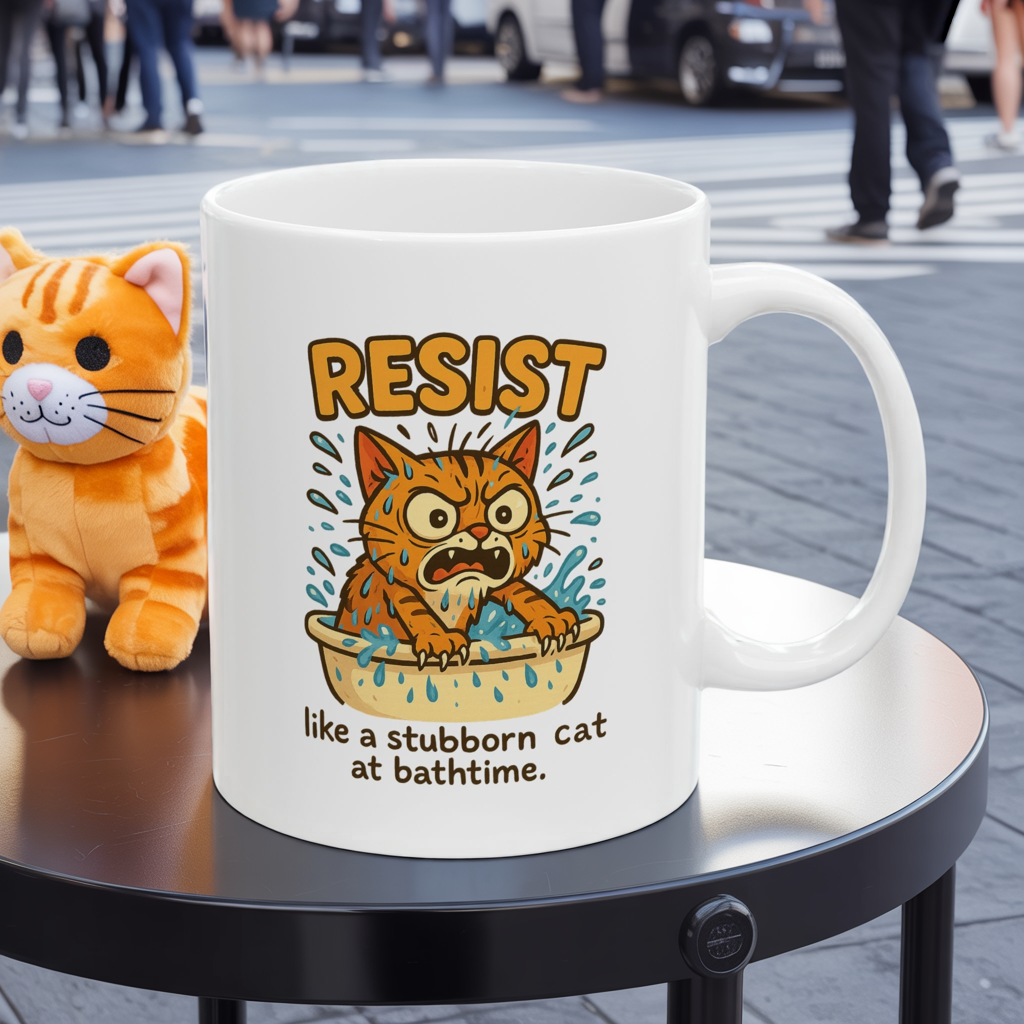 Funny Cat Mug - Resist Like a Stubborn Cat at Bathtime - Cute Coffee Tea Cup - Sarcastic Pet Lover Gift - 11oz or 15oz Ceramic