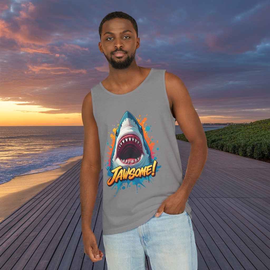 Jawsome Shark Graphic Tank Top | Funny Retro 90s-Style Shark Tee for Men and Women | Bold Ocean Print, Humor Gift, Summer Trending