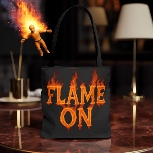 Flame On Tote Bag - Fire Typography Black Bag for Book Lovers, Gym, or Groceries | Bold Comic-Inspired Catchphrase Tote