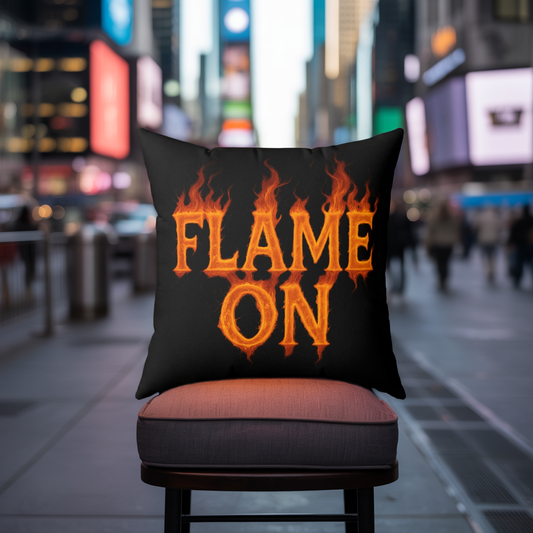 Flame On Throw Pillow - Fire Typography Pillow for Comic Fans, Hotheaded Humor, Dorm Decor, Superhero-Inspired Gift Cushion