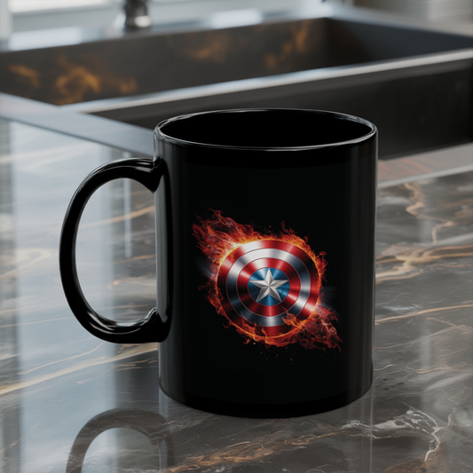 Flaming Shield Emblem Mug - Fiery Red White Blue Star Coffee Cup, Metal-Inspired Symbol Design, Bold Hero Vibes Gift for Fans and Coffee Lovers