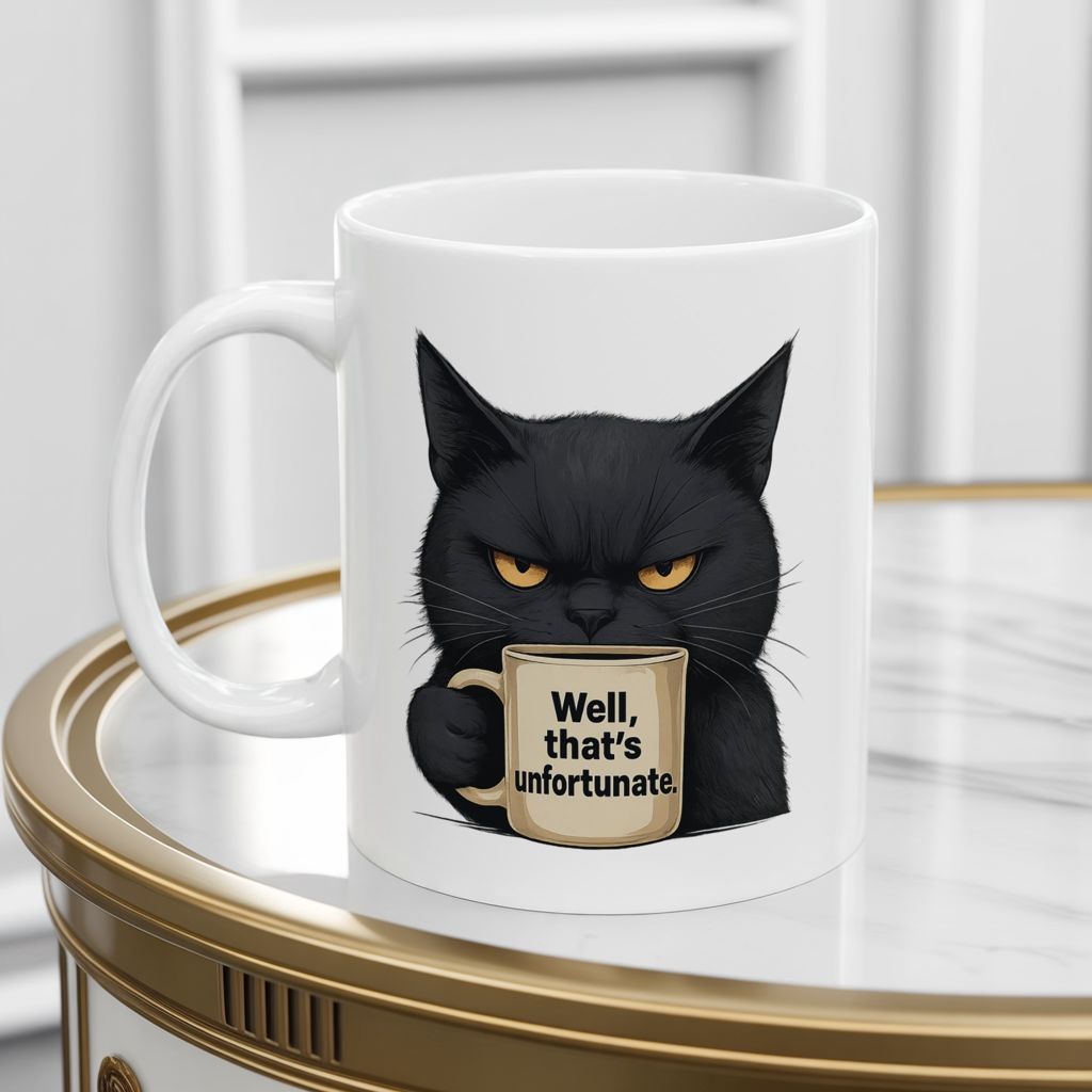 Sarcastic Black Cat Coffee Mug 11 oz or 15oz - “Well, thats unfortunate.” Funny Grumpy Cat Meme Gift, Office Humor, Tea Cup, Sarcasm Lover