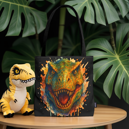 T-Rex Watercolor Tote Bag - 100% Polyester Canvas, Vibrant Dinosaur Art Bag, Reusable Beach-Market Tote, Dino Lover Gift, Bold Style
