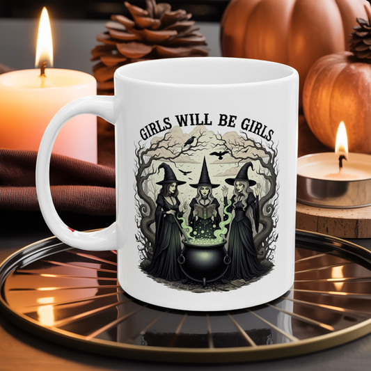 Girls Will Be Girls Witch Mug - Witch Trio Cauldron Coffee Cup, Feminist Witchy Gift, Halloween Cottagecore, Witches Brew Mystic Mug