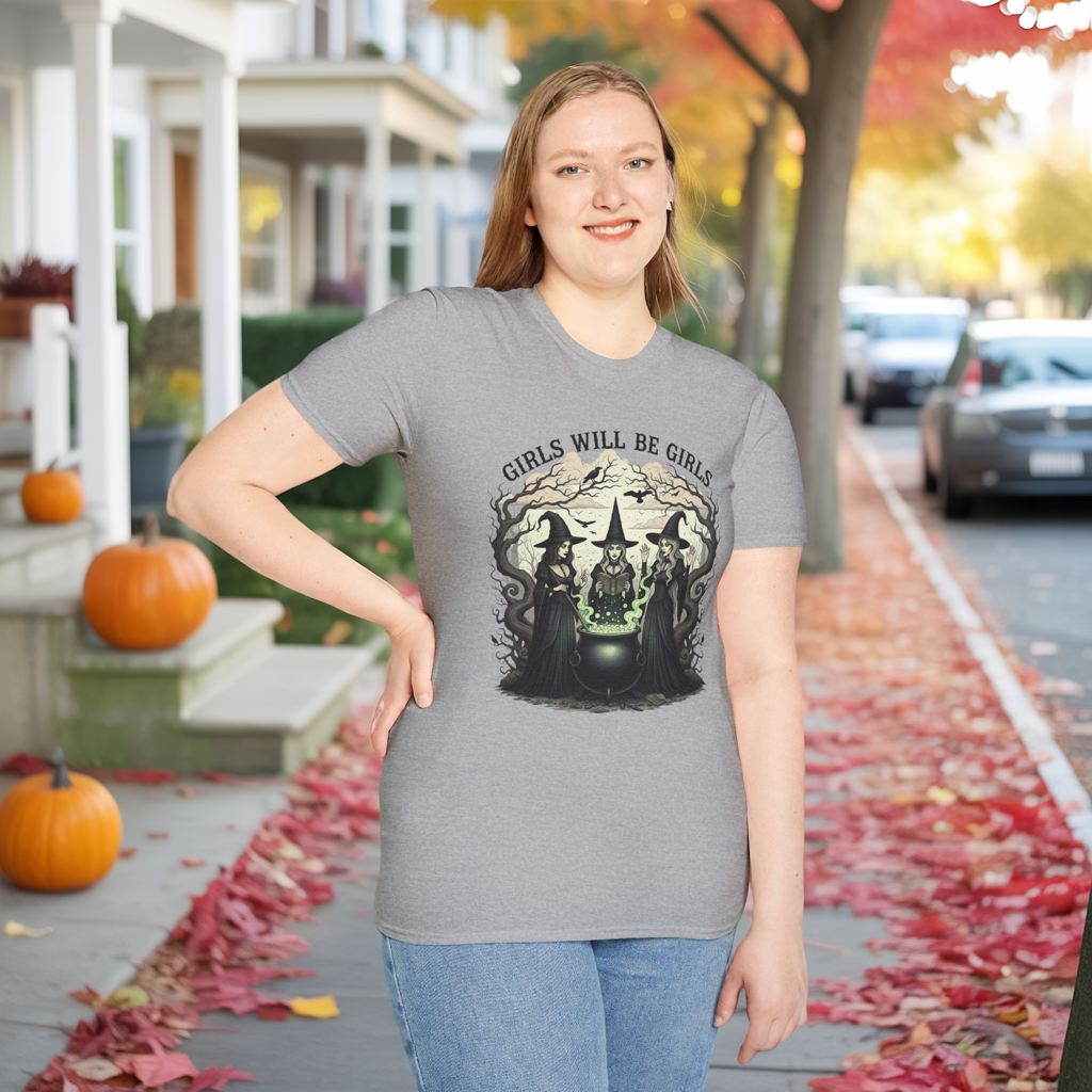 Girls Will Be Girls Witch Tee - Witches Brewing Cauldron Shirt - Halloween Witchy Vintage Feminist Spooky Gift for Women