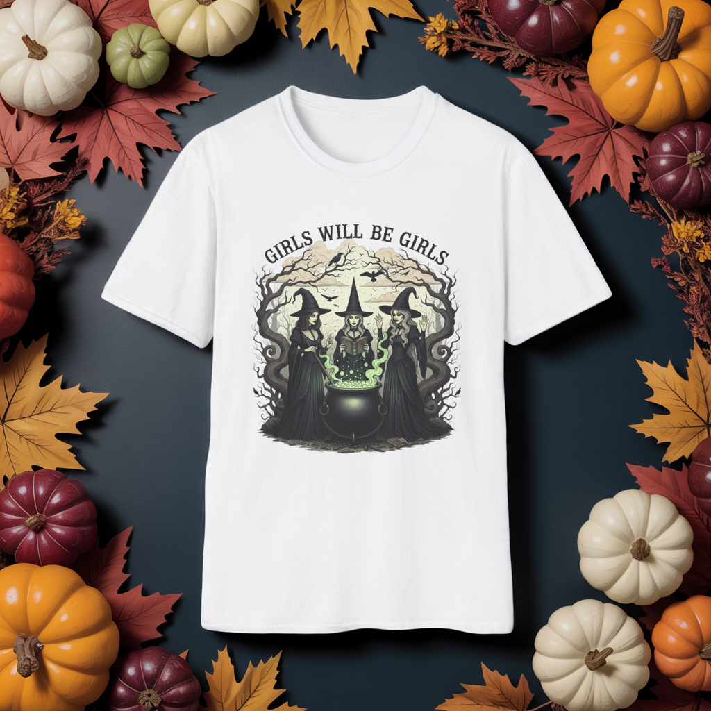 Girls Will Be Girls Witch Tee - Witches Brewing Cauldron Shirt - Halloween Witchy Vintage Feminist Spooky Gift for Women