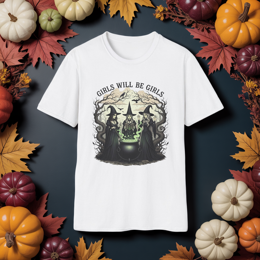 Girls Will Be Girls Witch Tee - Witches Brewing Cauldron Shirt - Halloween Witchy Vintage Feminist Spooky Gift for Women