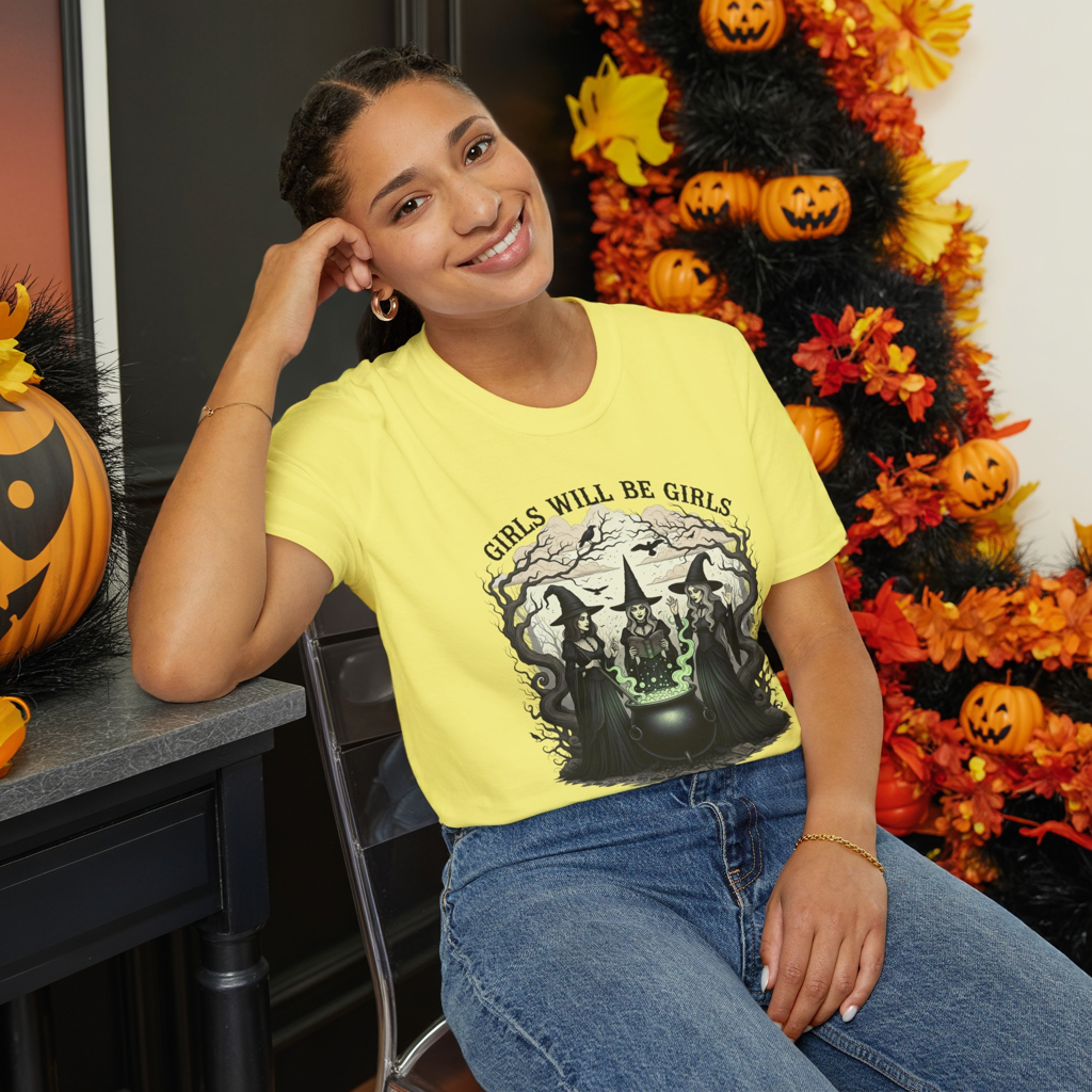 Girls Will Be Girls Witch Tee - Witches Brewing Cauldron Shirt - Halloween Witchy Vintage Feminist Spooky Gift for Women